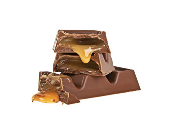 Chocolate bar with caramel isolated on white background