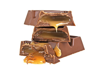 Chocolate bar with caramel isolated on white background