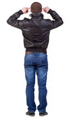 Fototapeta premium Rear view people collection. Back view of thinking man in jacket. backside view of person. Isolated over white background.