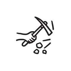 Hand using pickax sketch icon.