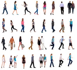 Fototapeta na wymiar collection back view of walking people . going people in motion set. backside view of person. Rear view people collection. Isolated over white background. people of different genders and in different