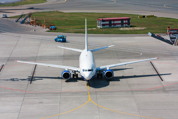Top view airplane at airport apron
