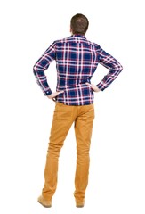 Back view of handsome man in checkered shirt  looking up.