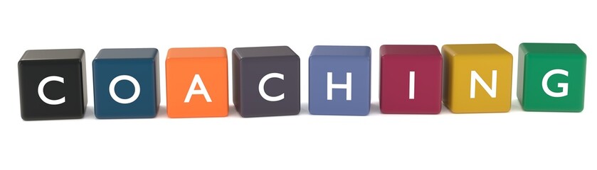3d illustration of coaching word from colored cubes isolated - obrazy, fototapety, plakaty