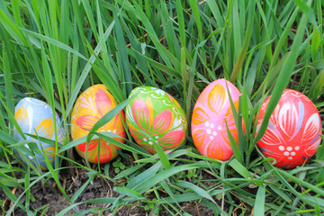 Easter eggs in the spring meadow