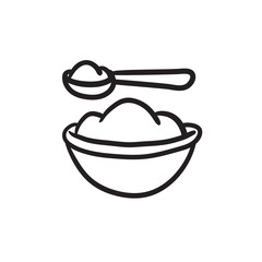 Baby spoon and bowl full of meal sketch icon.