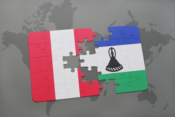 puzzle with the national flag of peru and lesotho on a world map