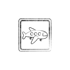 monochrome contour hand drawing of square button cartoon jet airplane transport icon design vector illustration