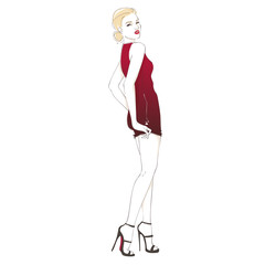 Beautiful sexy blonde hair girl in fitting reddress on high heels. Hand drawn vector illustration