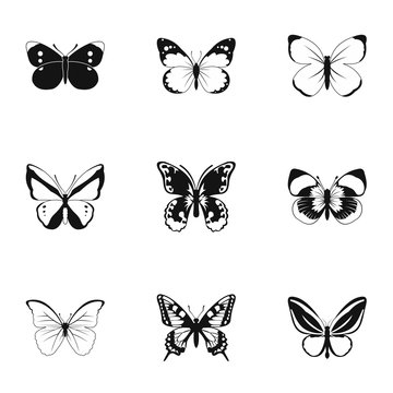 Types of butterflies icons set, simple style