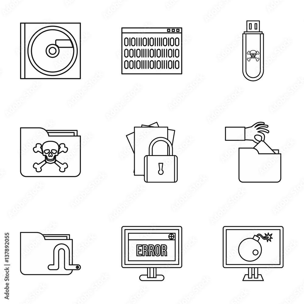 Poster hacking icons set, outline style