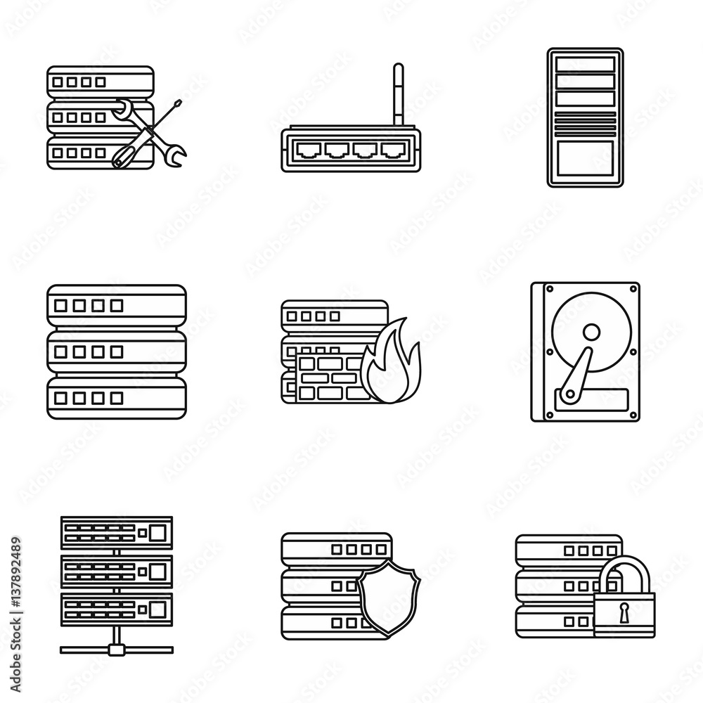 Poster computer setup icons set, outline style