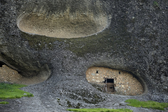 Cave dwelling of hermit monk in Meteora cliffs, Meteora, Greece, October 2008