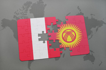 puzzle with the national flag of peru and kyrgyzstan on a world map