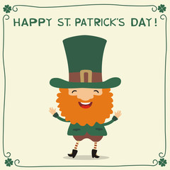 Happy Saint Patrick's Day! Funny St. Patrick smiling in cartoon style. National Irish holiday.