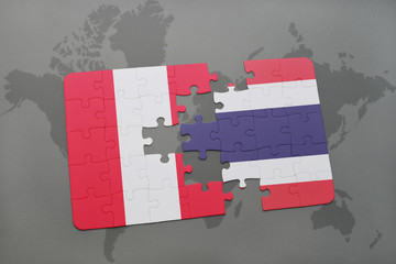 puzzle with the national flag of peru and thailand on a world map