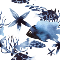 seamless watercolor pattern with sea life