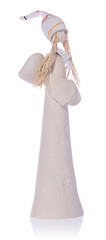 Ceramic white angel with long white hair and a cap.