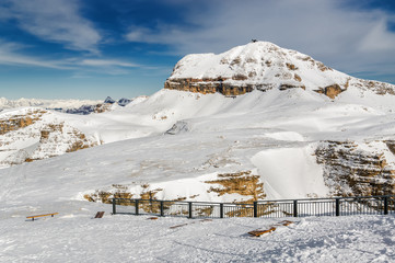 Sunny view of Dolomite Alps from viewpoint of Passo Pordoi near Canazei of Val di Fassa, Trentino-Alto-Adige region, Italy.