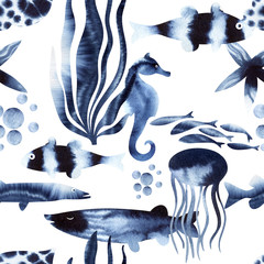Fototapeta premium seamless watercolor pattern with sea life