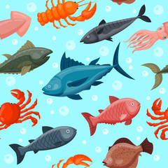 Fototapeta premium Colorful under water world animals wallpaper with fish, octopus, seahorse starfish and others ocean nature water background graphic aquarium sea life vector illustration.