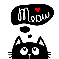 Black cat looking up to meow lettering text. Think talk speech bubble. Red heart. Cute cartoon character. Kawaii animal. Love Greeting card. Flat design style. White background. Isolated.