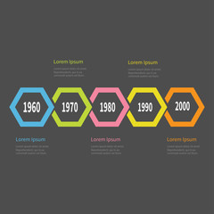 Five step Timeline Infographic. Colorful polygon line segment. Text Template. Flat design. Black background. Isolated.