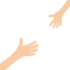 Two hands arms reaching to each other. Mother and baby Helping hand. Close up body part. Happy Valentines day. Flat design. White background. Isolated.