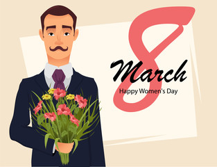  8 March greeting card. Women`s day greeting card. Handsome gentleman in suit with mustache holding bouquet of wildflowers, going on a date with his beloved. Vector illustration