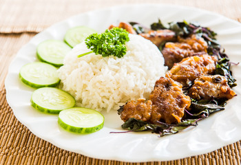 rice with pork milanese and basil