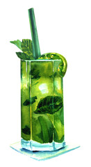 Watercolor mojito cocktail with mint, lime, and drinking straws