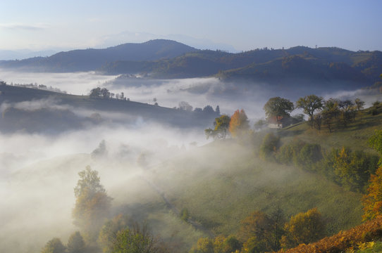 Rural landscape with morning mist near Zarnesti, Transylvania, Southern Carpathian Mountains, Romania, October 2008
