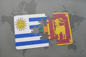 puzzle with the national flag of uruguay and sri lanka on a world map