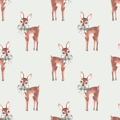 Pattern with Baby Deer. Hand drawn cute fawn on paper background. Seamless background 1