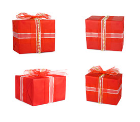 Holiday set gift boxes decorated with bows and ribbons