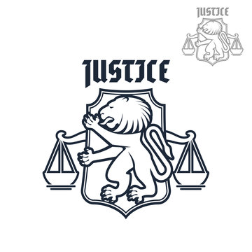 Justice and law vector heraldic lion, scales icon