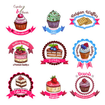 Bakery or pastry dessert cakes vector sketch icons