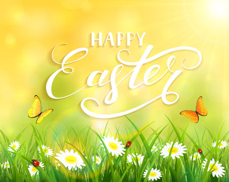 Yellow Easter background with grass and flowers