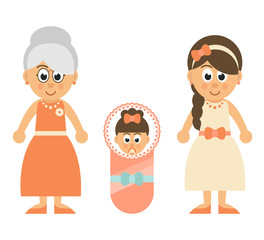 cartoon little baby girl and mother and grandmother