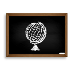 Earth Globe sign. White chalk icon on black school board with sh