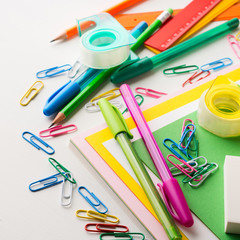 Stationery colorful writing tools accessories pens pencils, color paper. Back to school. Office...
