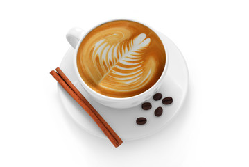 Cup of coffee latte and coffee beans isolated on white background