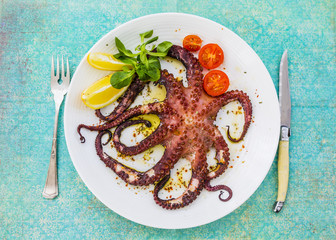 Grilled octopus served on white plate. Mediterranean food.
