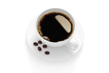 Cup of coffee with coffee beans isolated on white background