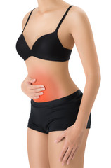 woman holding her belly in pain area with red highlighted, Isolated on white background.