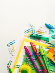Stationery colorful writing tools accessories pens pencils, color paper. Back to school. Office supplies products