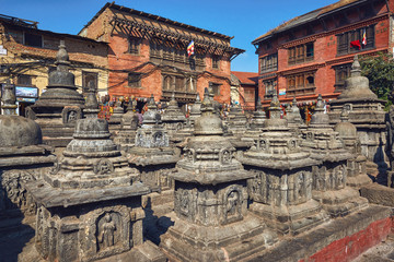 Naklejka premium Main square with many small stupas at the Swayambhunath temple complex, Kathmandu, Nepal