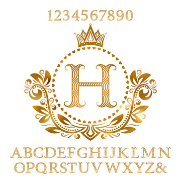 Golden wavy patterned letters and numbers with initial monogram in coat of arms form. Shining font and elements kit for logo design.