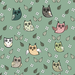 Owl leaves vector seamless pattern. Vector owl. Animals and bird