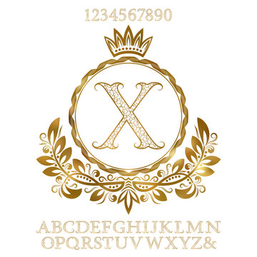 Golden patterned letters and numbers with initial monogram in coat of arms form. Shining font and elements kit for logo design.
